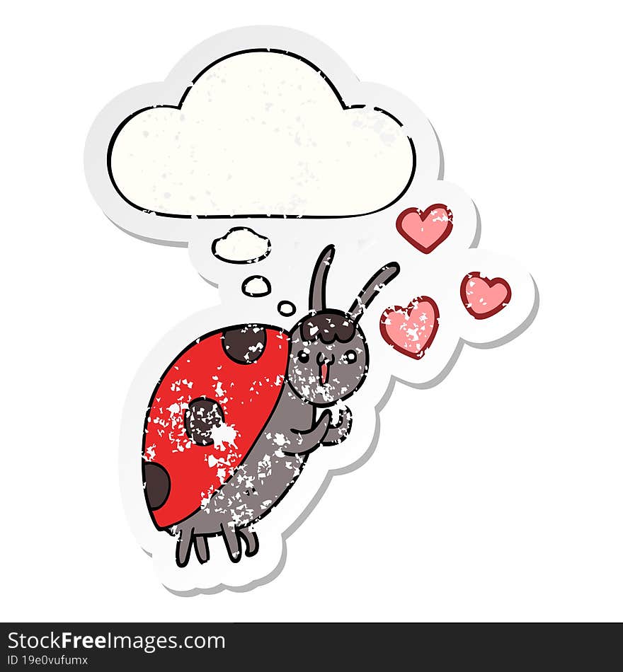 cute cartoon ladybug in love with thought bubble as a distressed worn sticker