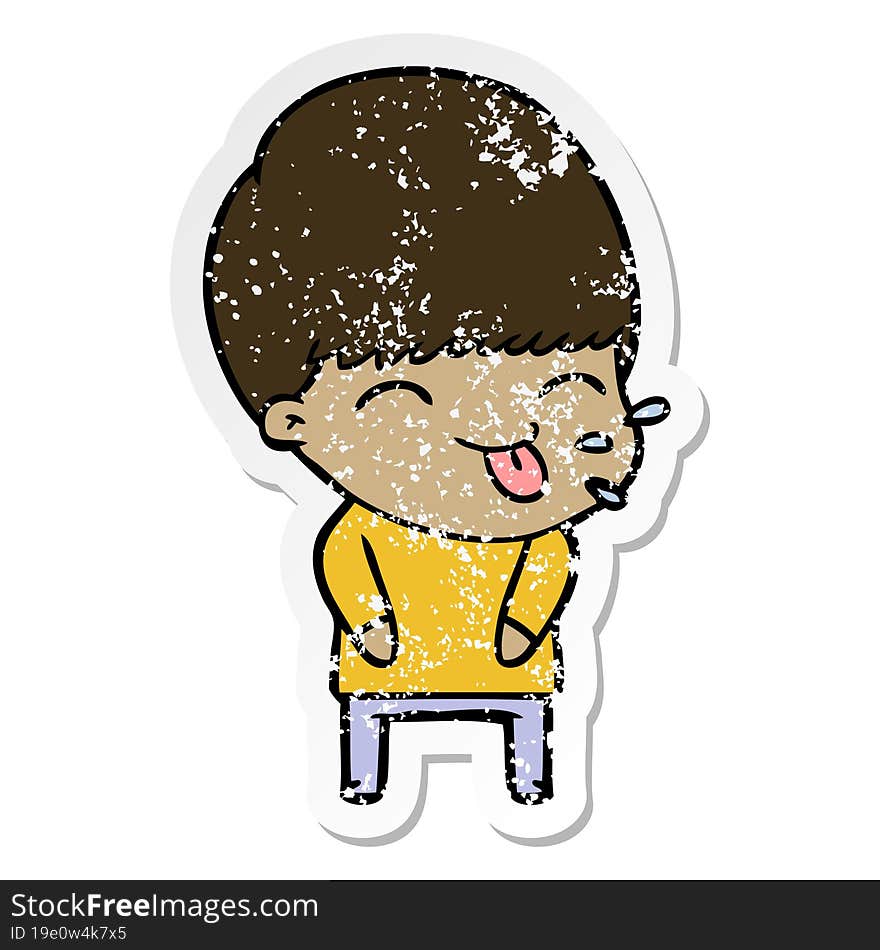 distressed sticker of a cartoon boy sticking out tongue