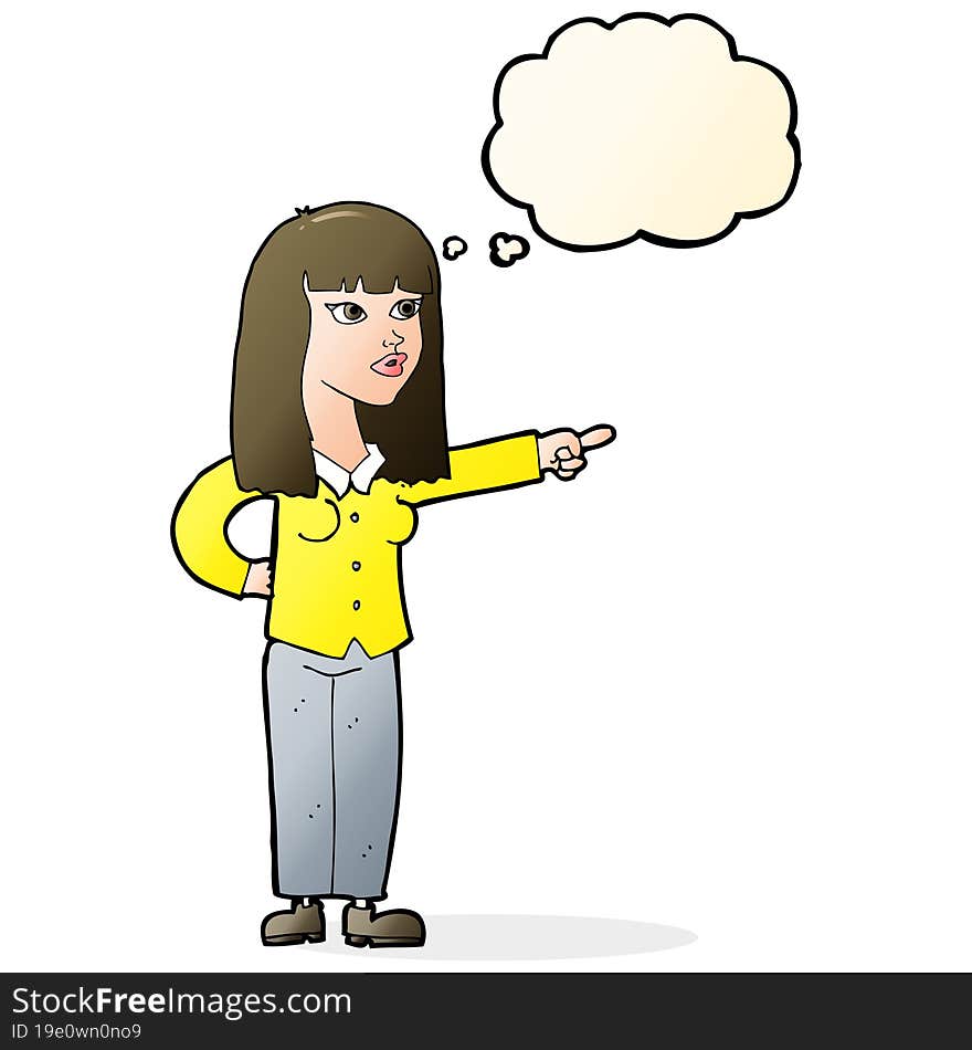 Cartoon Pretty Woman Pointing With Thought Bubble