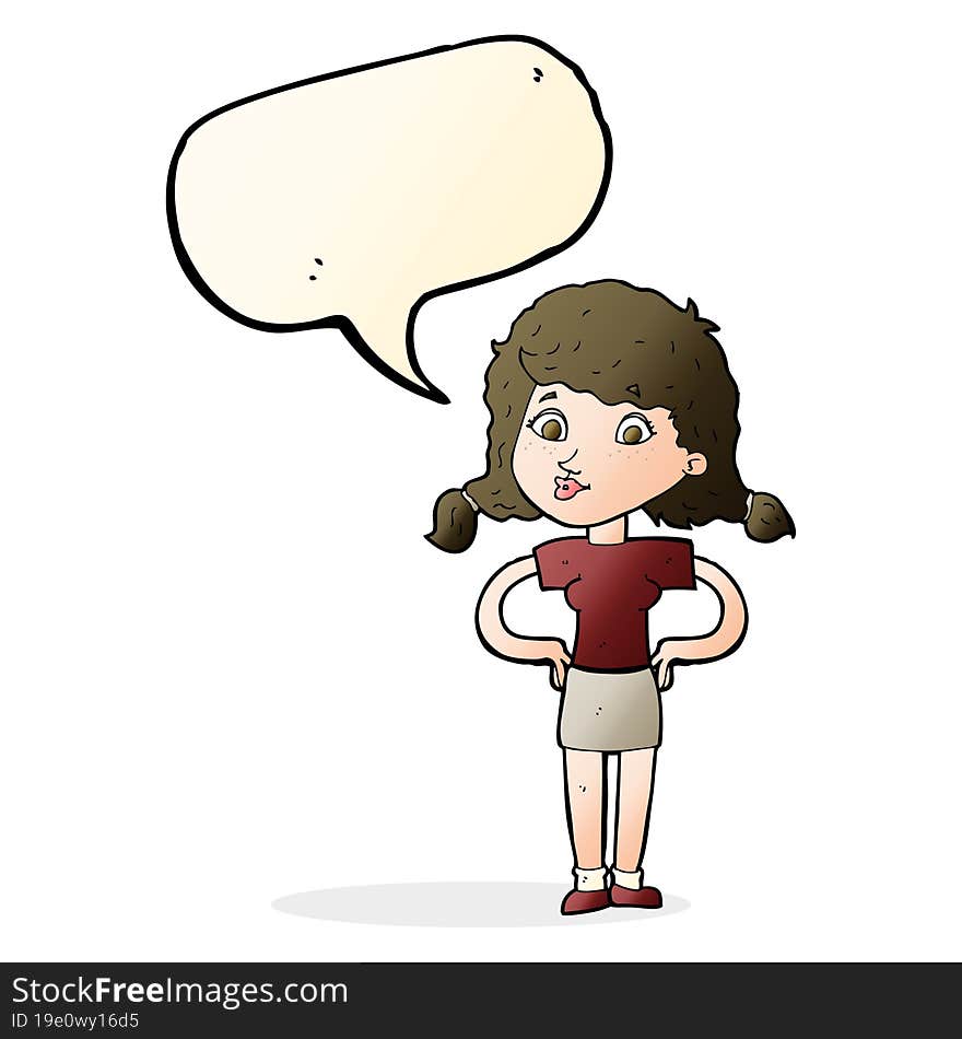 cartoon pretty girl with hands on hips with speech bubble