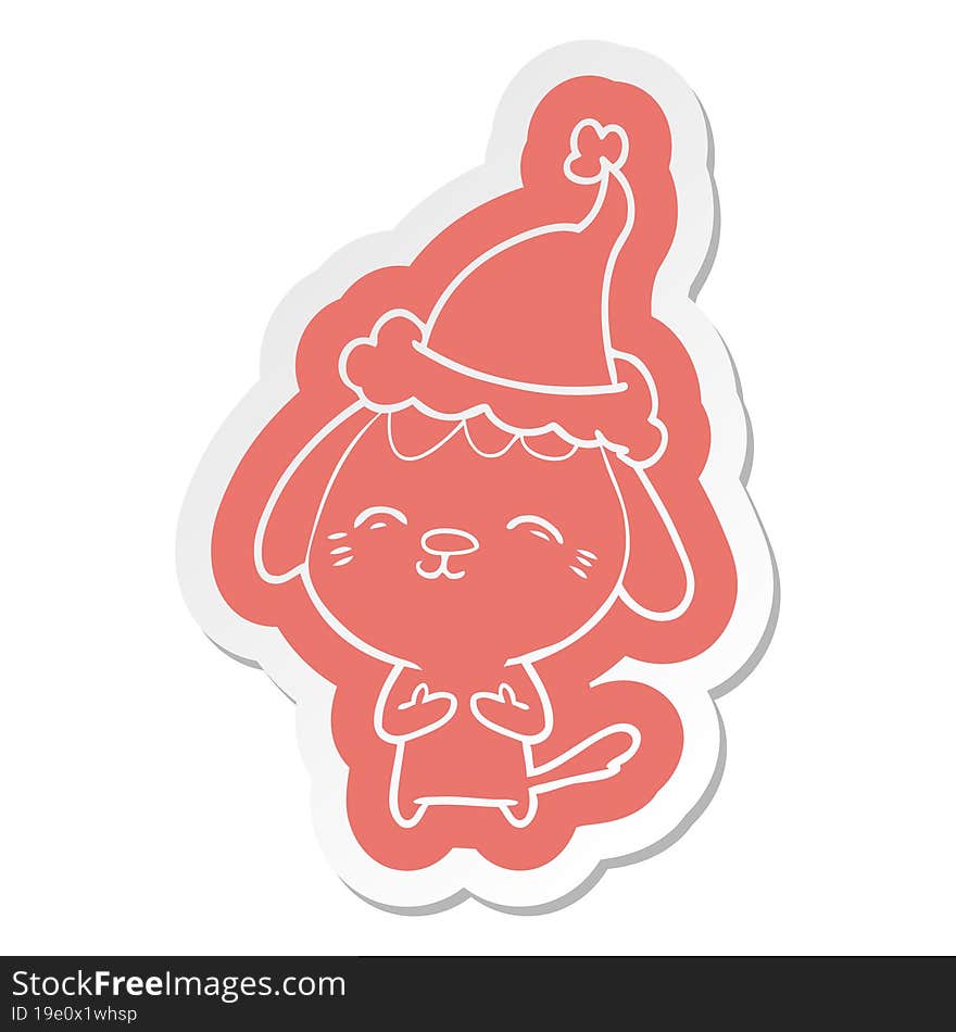 Happy Cartoon  Sticker Of A Dog Wearing Santa Hat