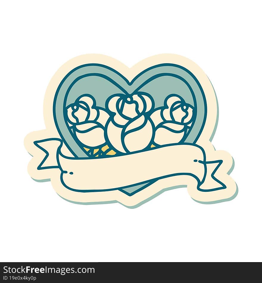 sticker of tattoo in traditional style of a heart and banner with flowers. sticker of tattoo in traditional style of a heart and banner with flowers