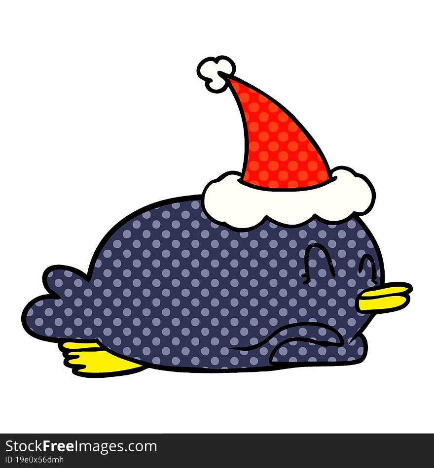 penguin lying on belly wearing santa hat