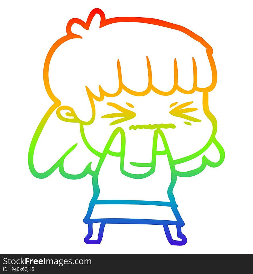 rainbow gradient line drawing of a cartoon angry girl