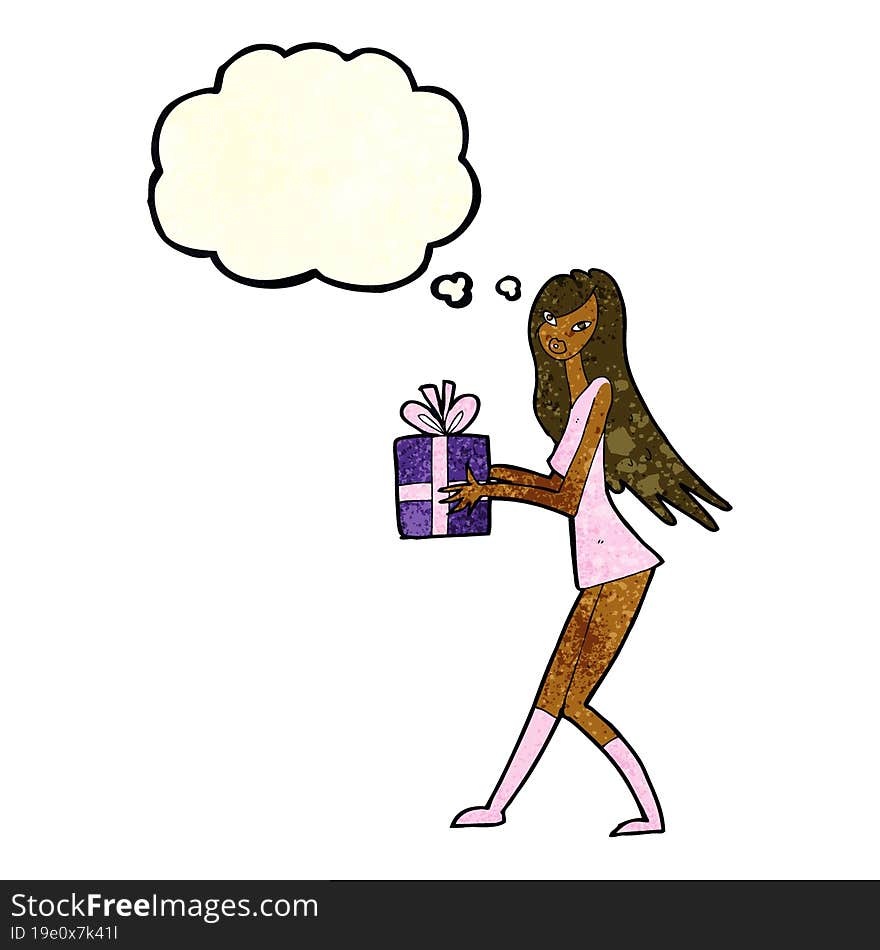 Cartoon Fashion Girl With Present With Thought Bubble