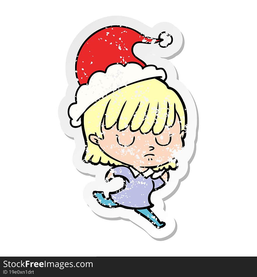 hand drawn distressed sticker cartoon of a woman wearing santa hat