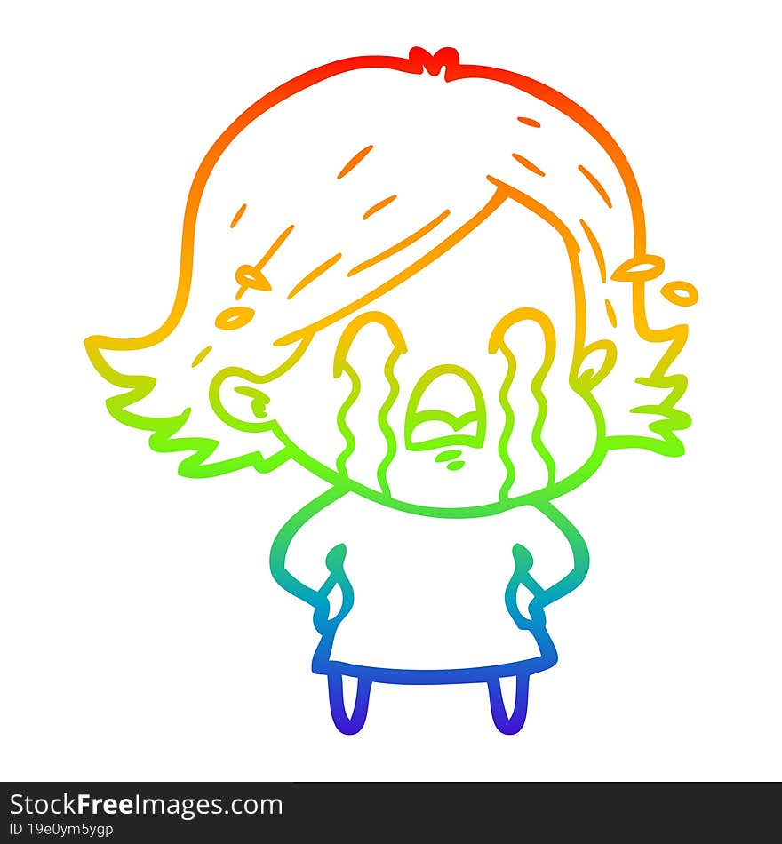 rainbow gradient line drawing of a cartoon woman crying