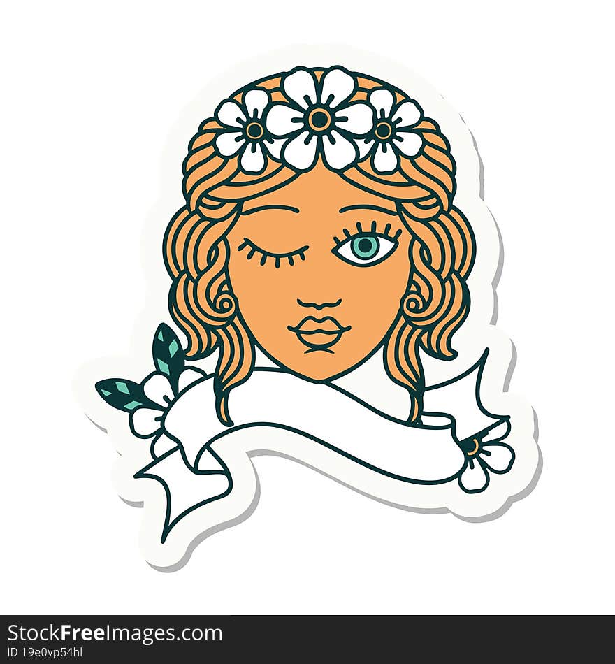 tattoo style sticker with banner of a maidens face winking