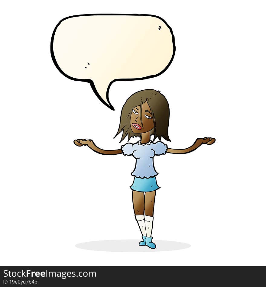 cartoon woman shrugging shoulders with speech bubble