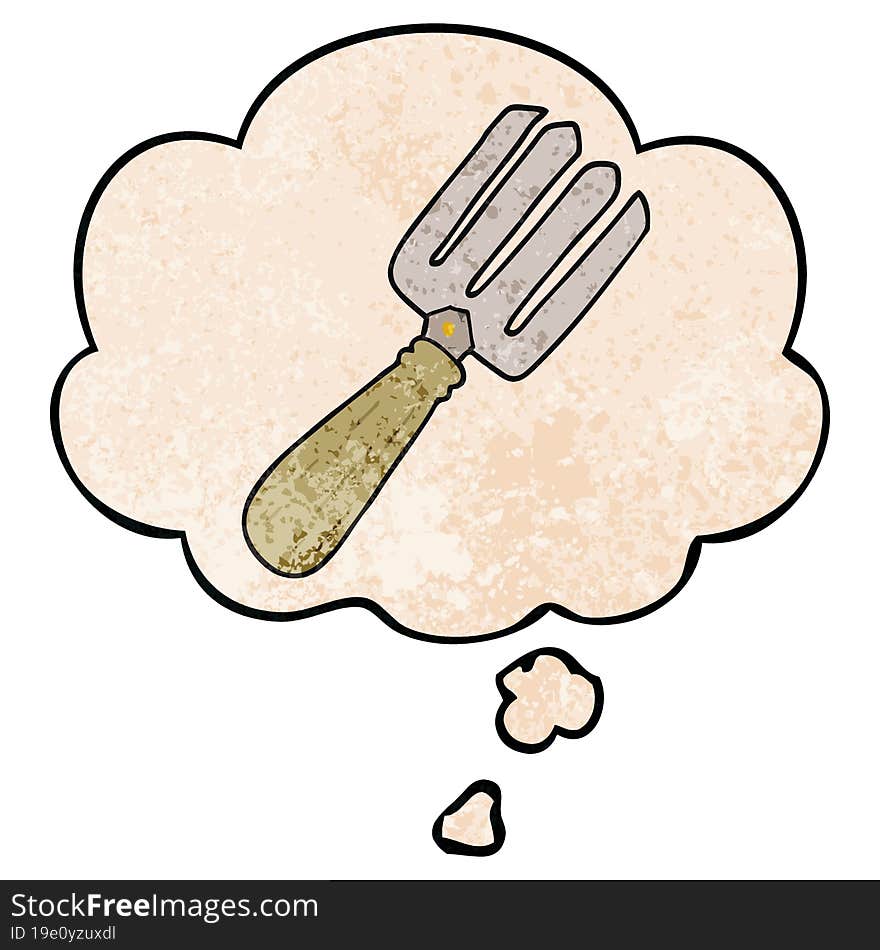 cartoon fork and thought bubble in grunge texture pattern style