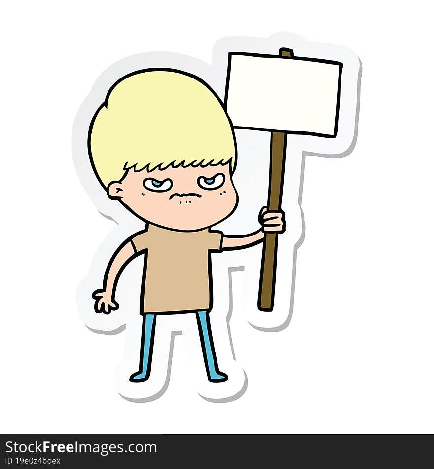 sticker of a angry cartoon boy protesting