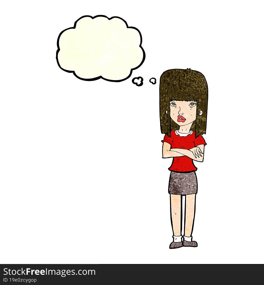 cartoon woman standing with thought bubble