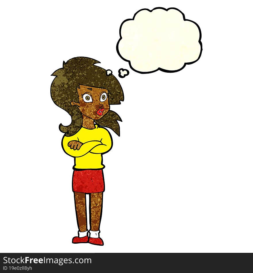 cartoon woman with folded arms with thought bubble