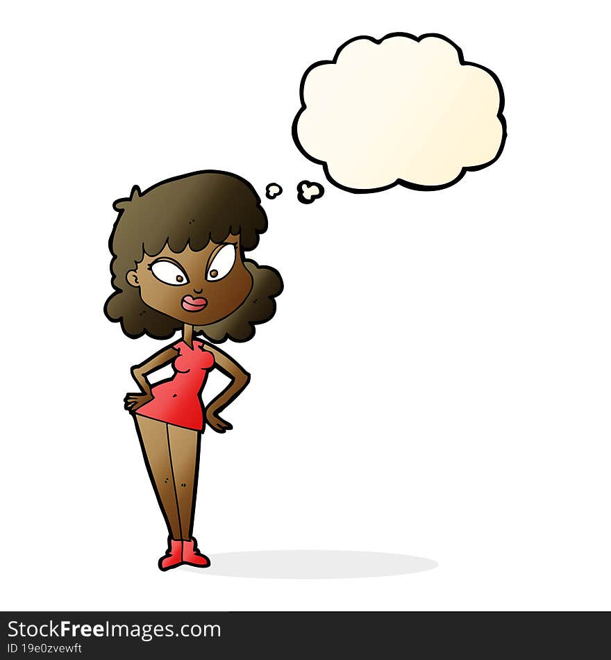 cartoon woman with hands on hips with thought bubble