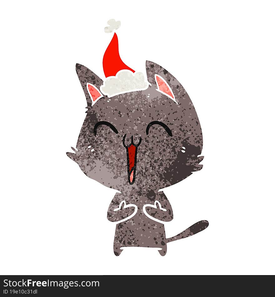 happy retro cartoon of a cat wearing santa hat