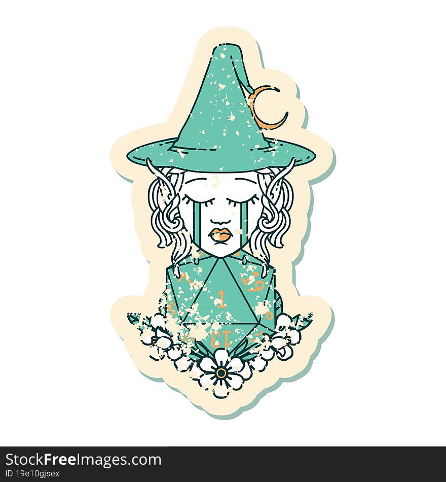 crying elf witch with natural one D20 roll illustration