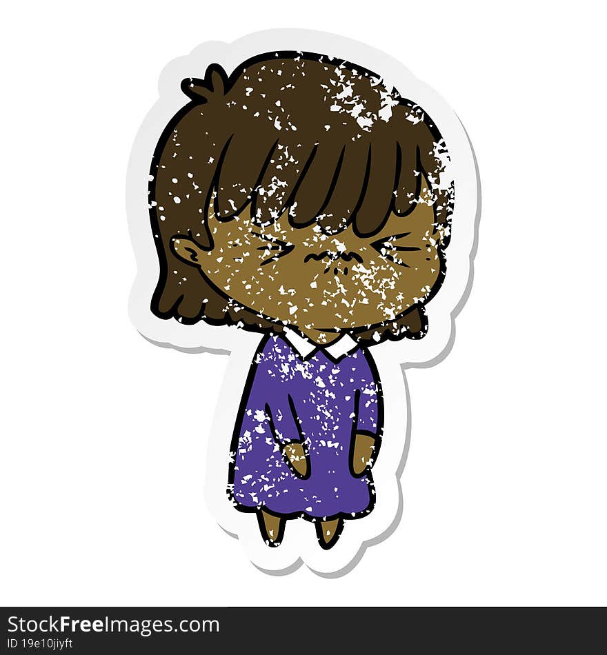 distressed sticker of a annoyed cartoon girl