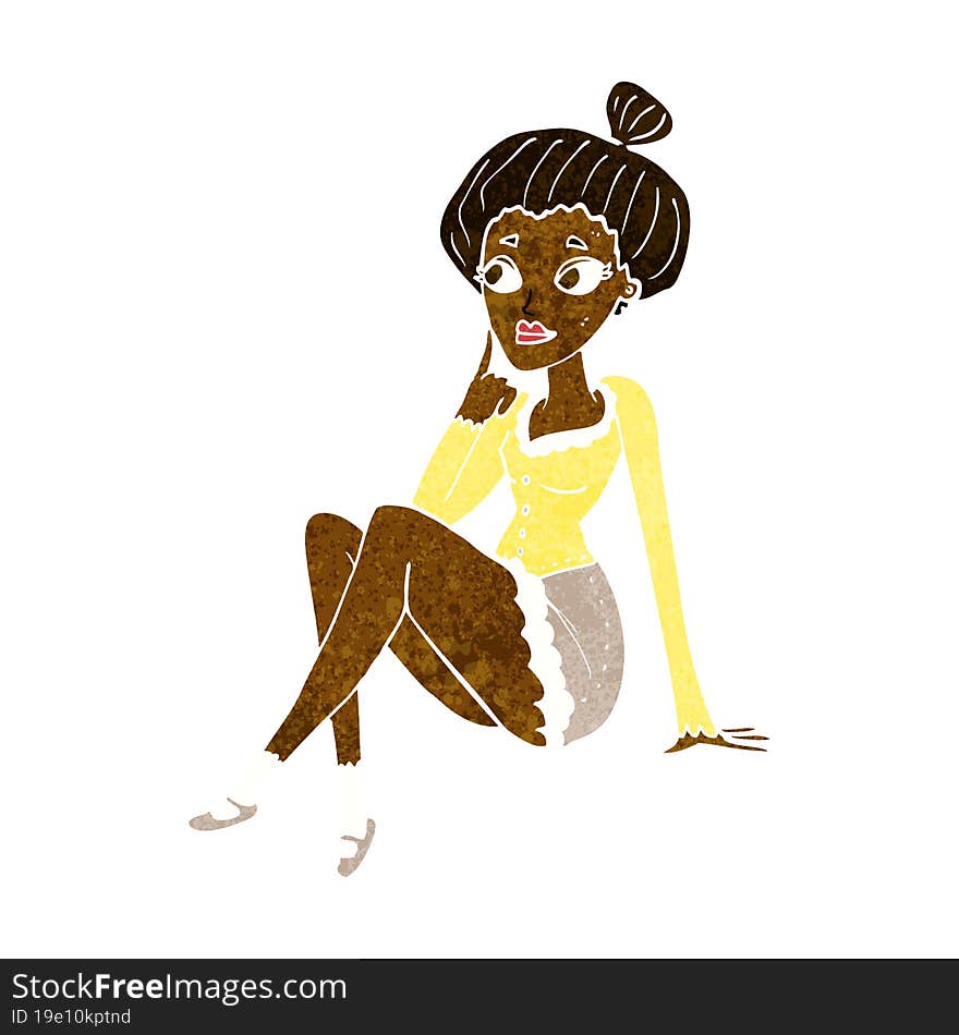 cartoon attractive woman sitting thinking