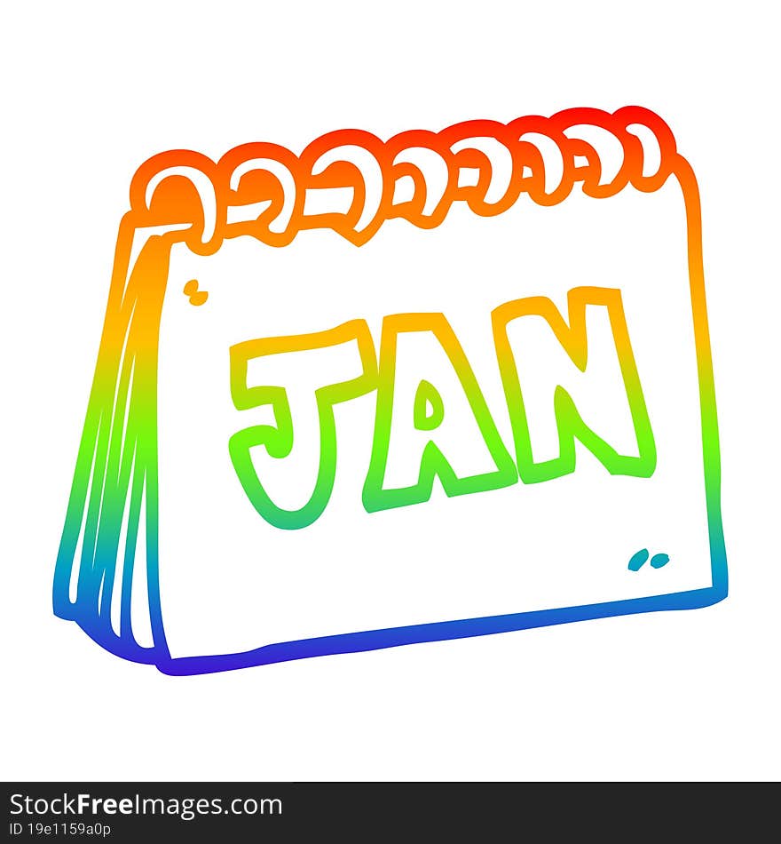 rainbow gradient line drawing cartoon calendar showing month of january