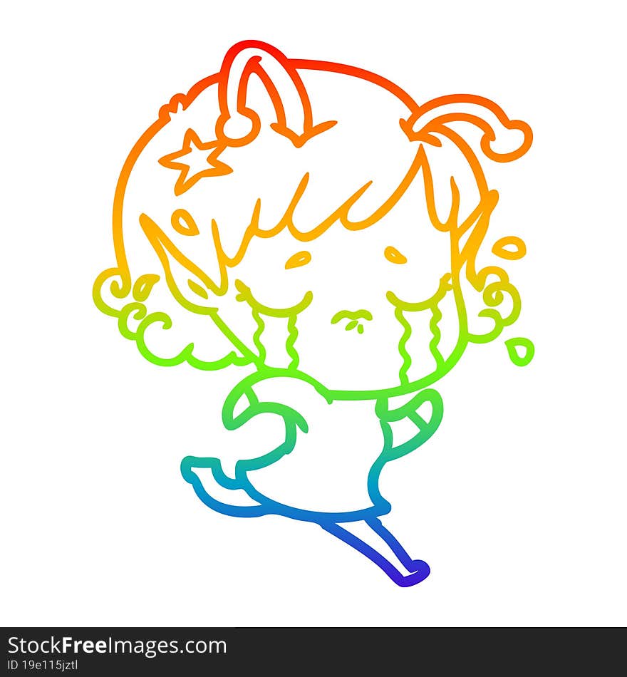 rainbow gradient line drawing of a cartoon crying alien girl