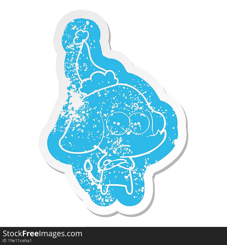 cartoon distressed sticker of a unsure elephant wearing santa hat