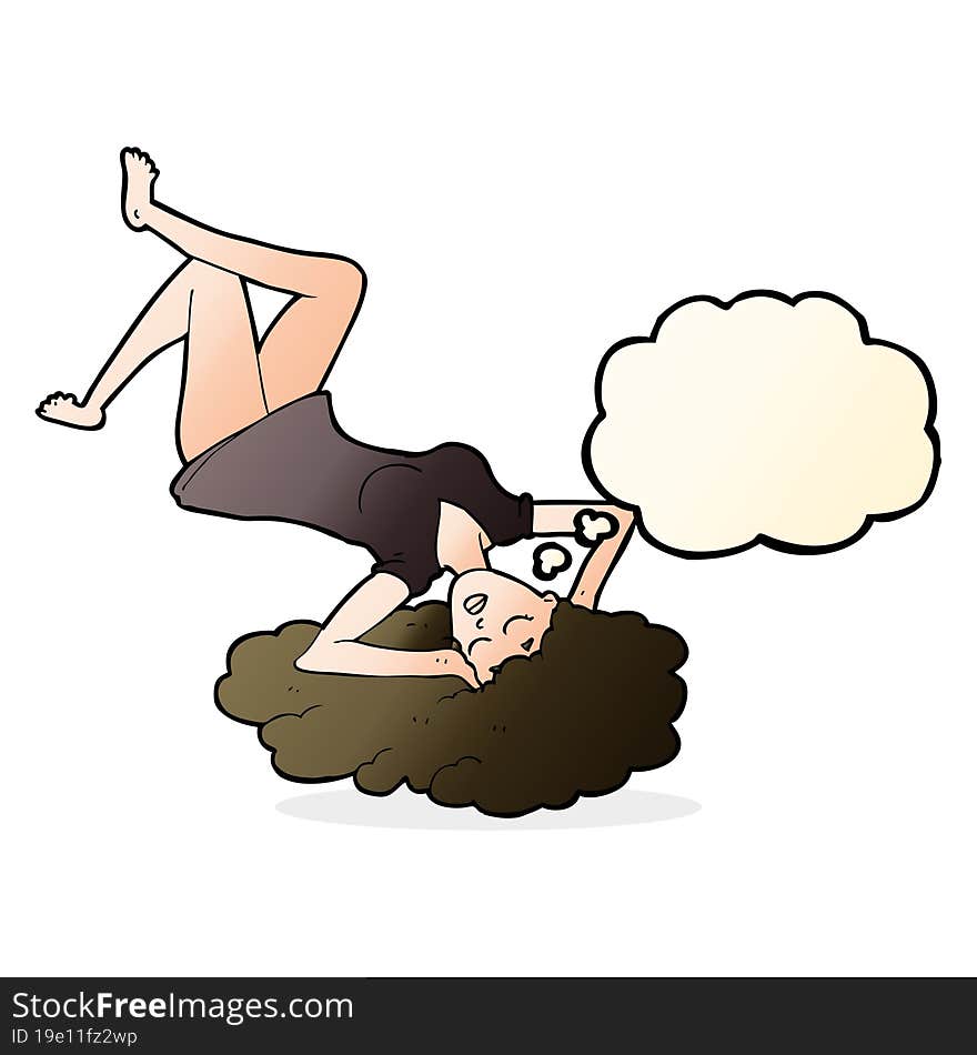 cartoon woman lying on floor with thought bubble