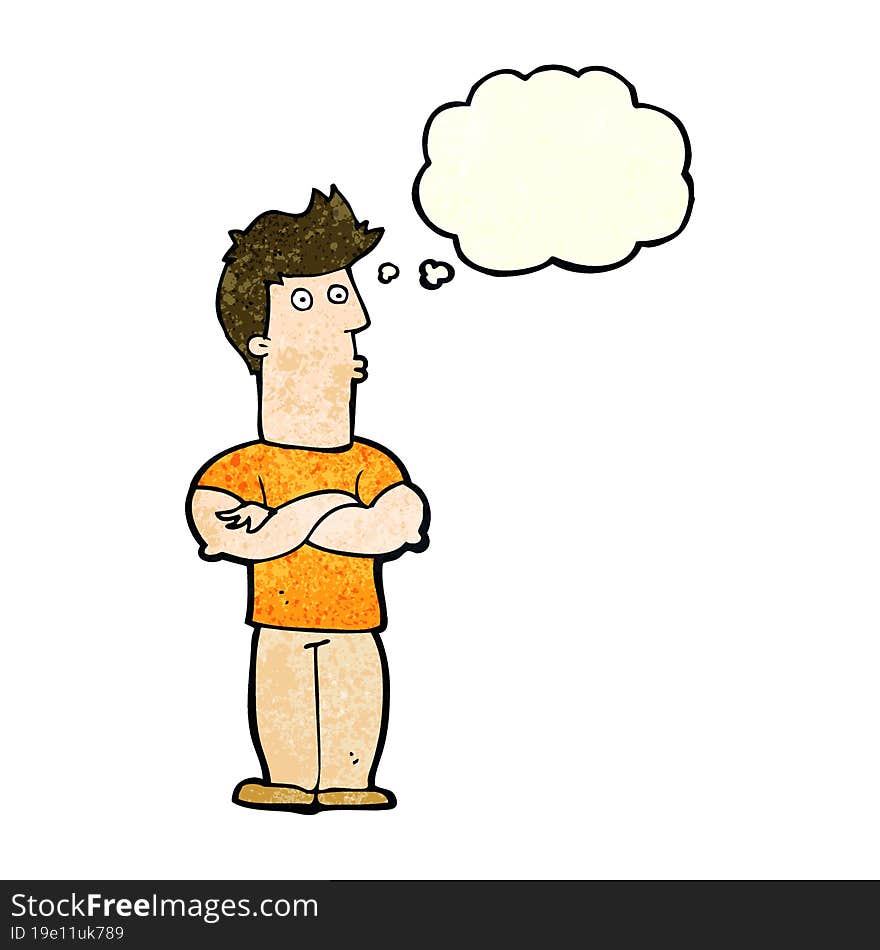 cartoon man with folded arms with thought bubble