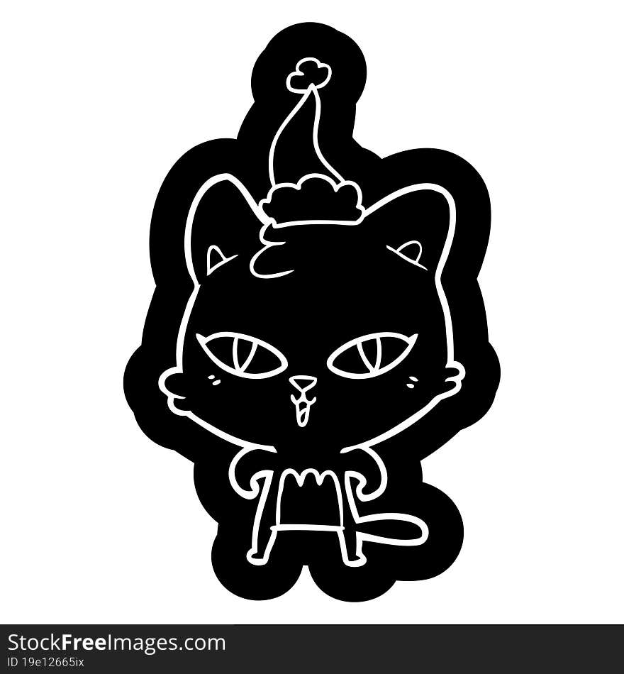 quirky cartoon icon of a cat wearing santa hat