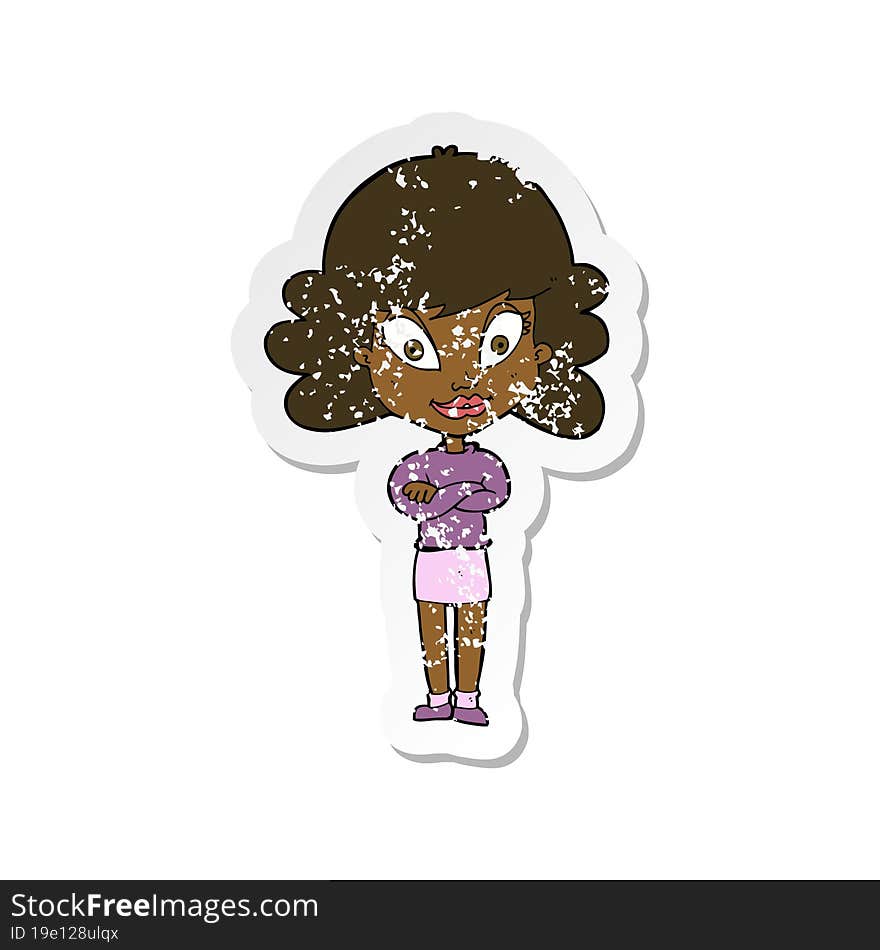 Retro Distressed Sticker Of A Cartoon Happy Woman With Folded Arms