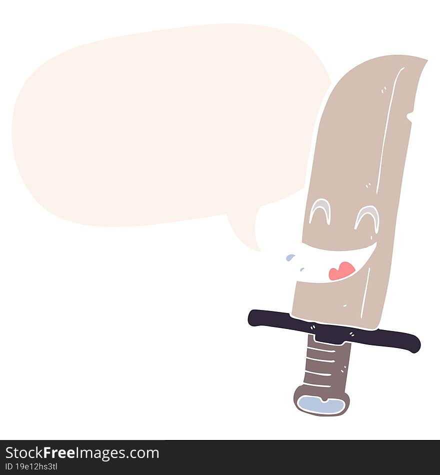 cartoon laughing knife and speech bubble in retro style