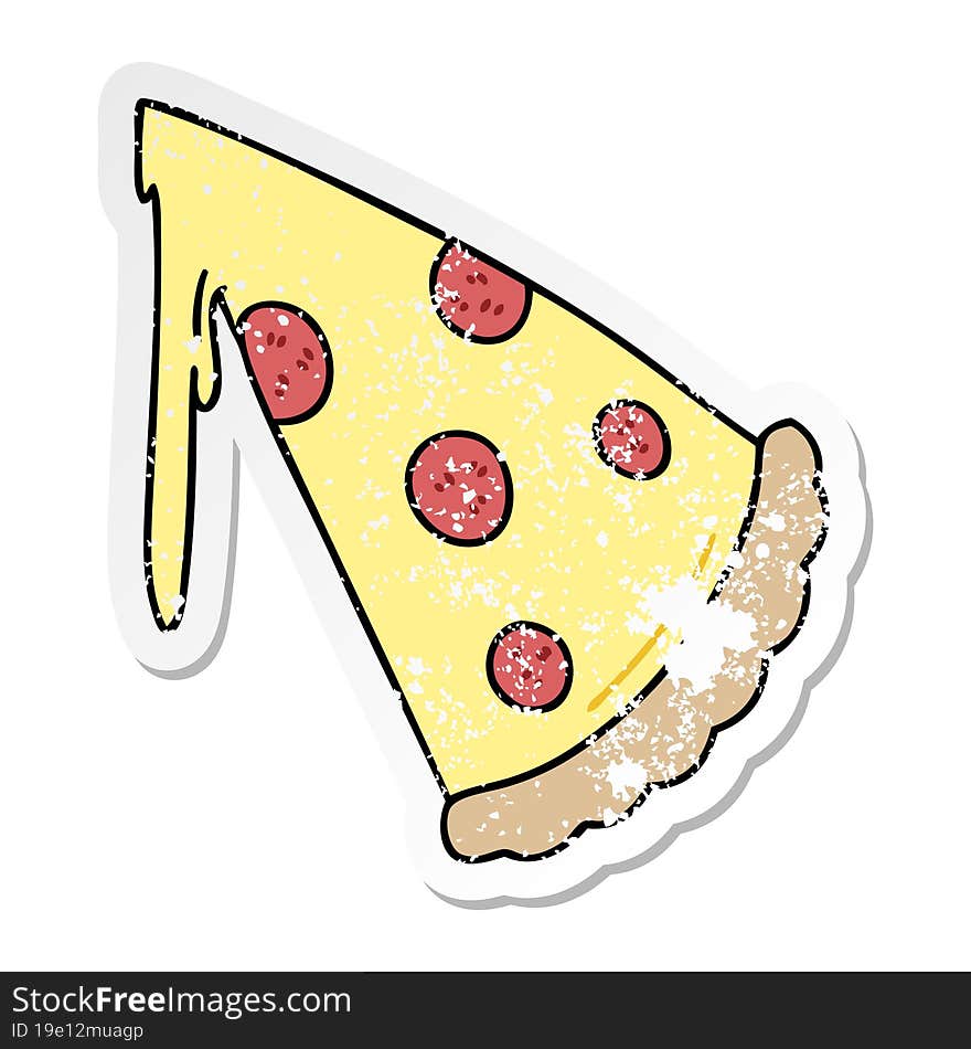 distressed sticker of a quirky hand drawn cartoon slice of pizza