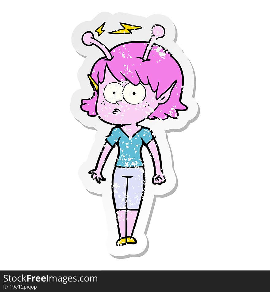 distressed sticker of a cartoon alien girl