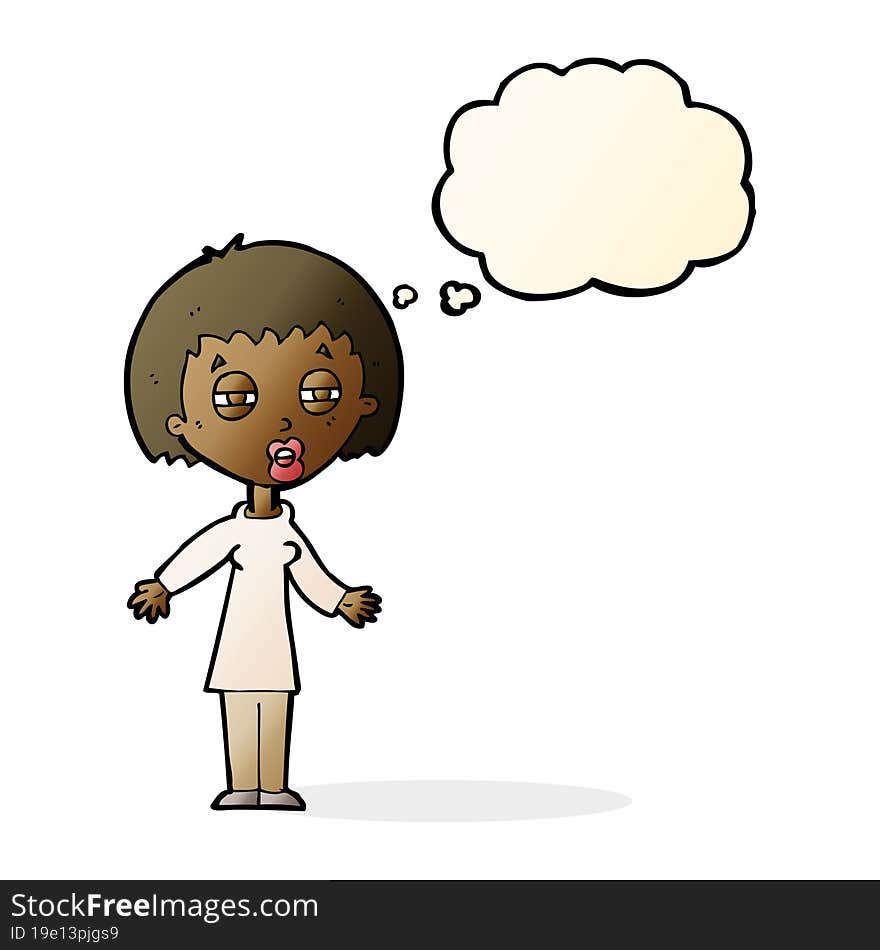 cartoon tired woman with thought bubble