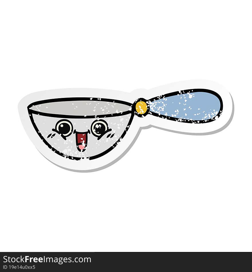 Distressed Sticker Of A Cute Cartoon Measuring Spoon