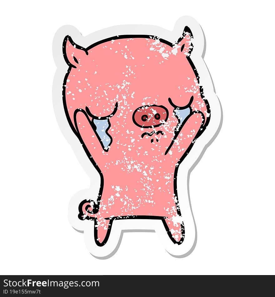 distressed sticker of a cartoon pig crying