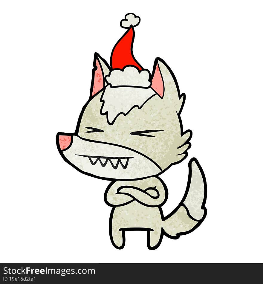 angry wolf textured cartoon of a wearing santa hat