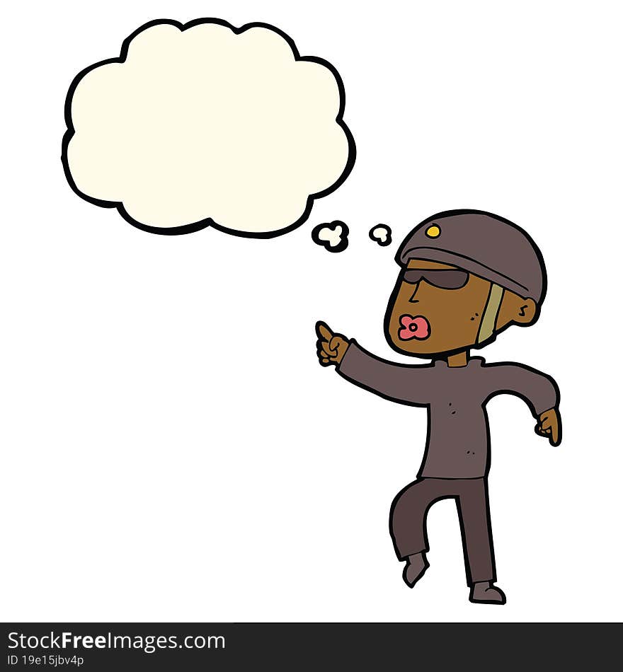 cartoon man in bike helmet pointing with thought bubble