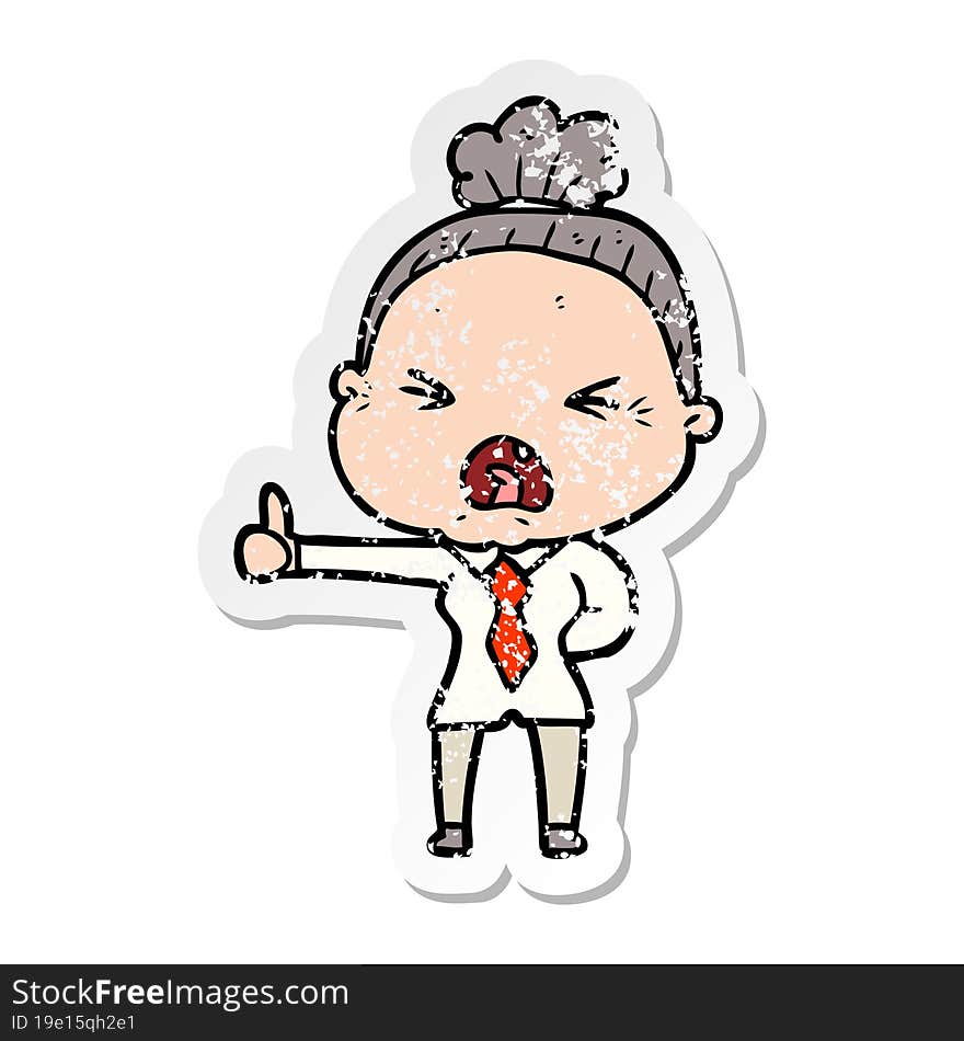 Distressed Sticker Of A Cartoon Angry Old Woman