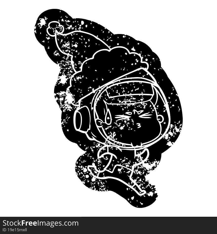 cartoon distressed icon of a stressed astronaut wearing santa hat