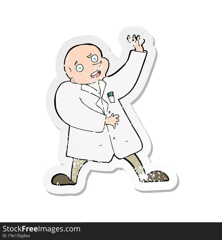 retro distressed sticker of a cartoon mad scientist