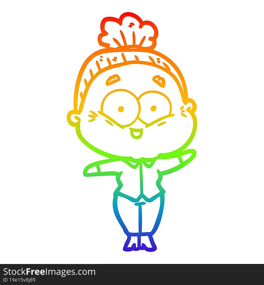 rainbow gradient line drawing of a cartoon happy old woman