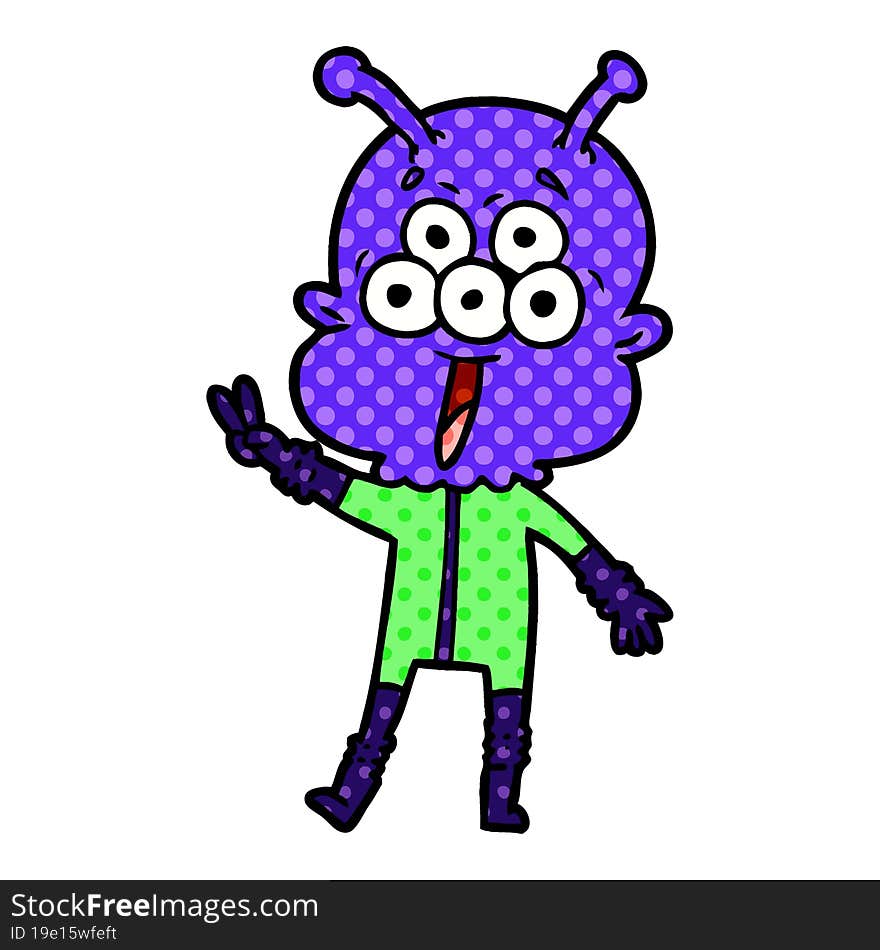 happy cartoon alien waving peace gesture. happy cartoon alien waving peace gesture