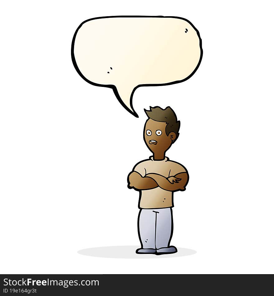 cartoon man with crossed arms with speech bubble