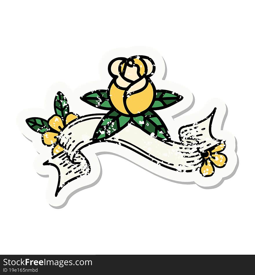 grunge sticker with banner of a single rose