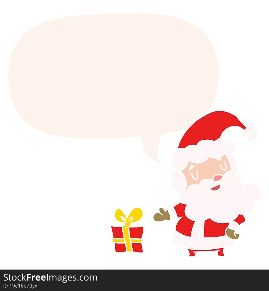 cartoon santa claus with present with speech bubble in retro style. cartoon santa claus with present with speech bubble in retro style