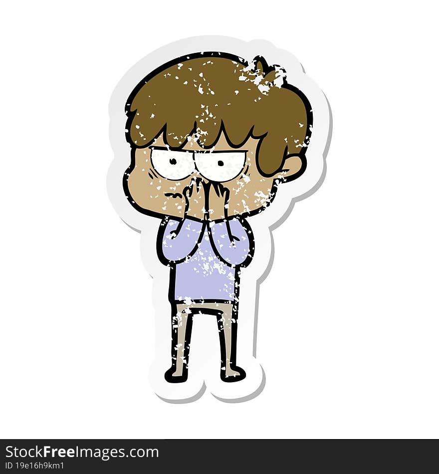 distressed sticker of a annoyed cartoon boy