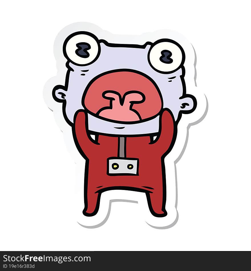 sticker of a cartoon weird alien communicating