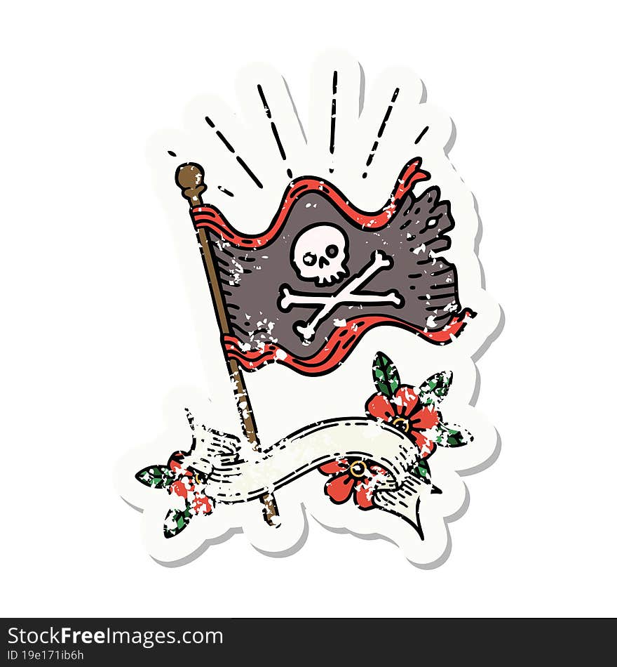 grunge sticker of tattoo style waving pirate flag