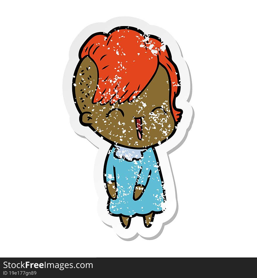 distressed sticker of a happy cartoon hipster girl