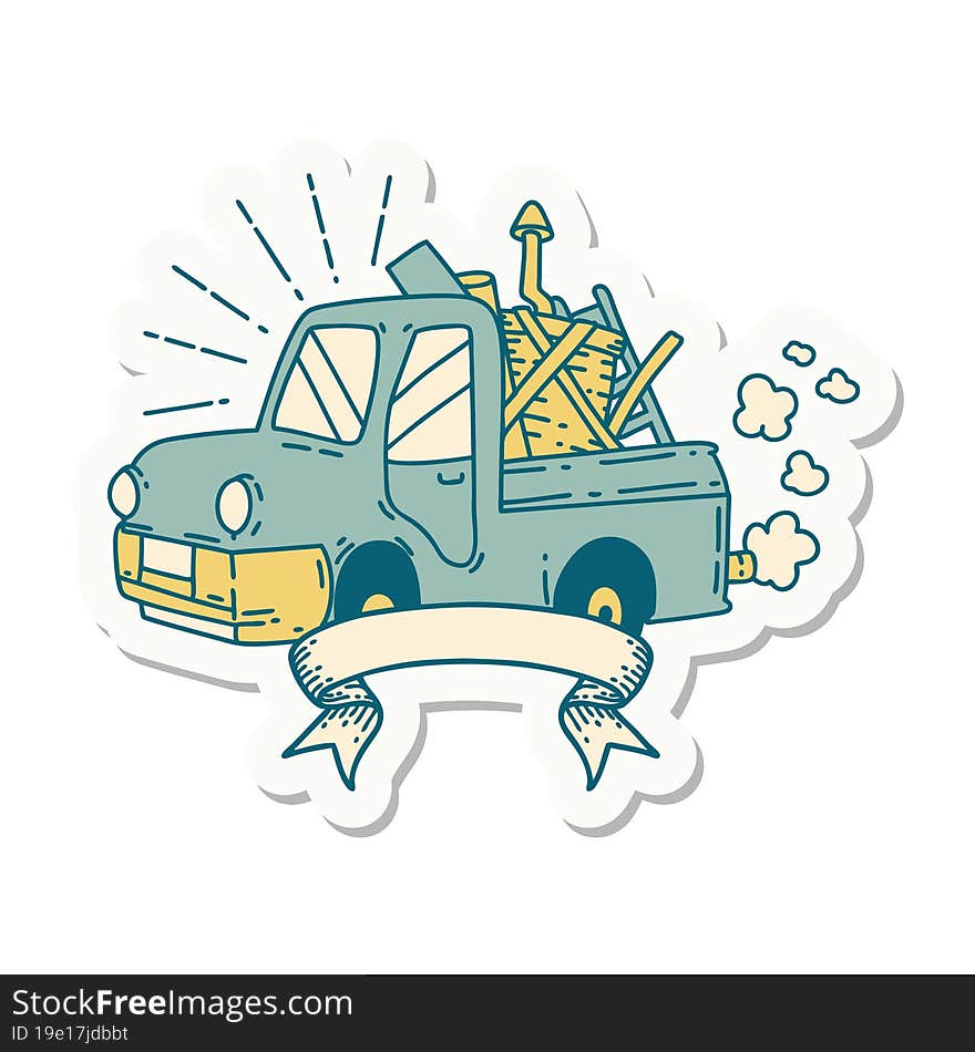 sticker of tattoo style truck carrying junk